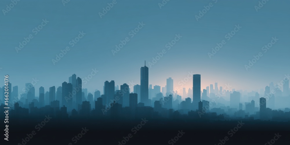 Obraz premium Minimalist silhouette skyline at dawn with soft blue gradient haze and glowing horizon