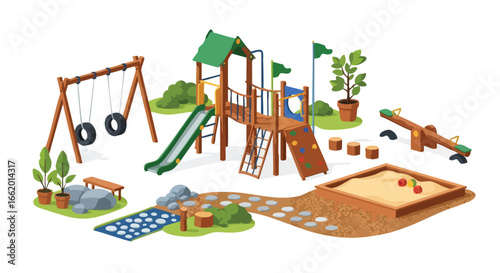 Whimsical Illustration of a Vibrant Playground with Diverse Play Structures and Lush Greenery for Child-Friendly Fun