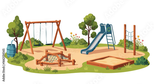 Stylized playground illustration featuring swings, slide, sandbox, and climbing structure for children's recreation in a natural park setting