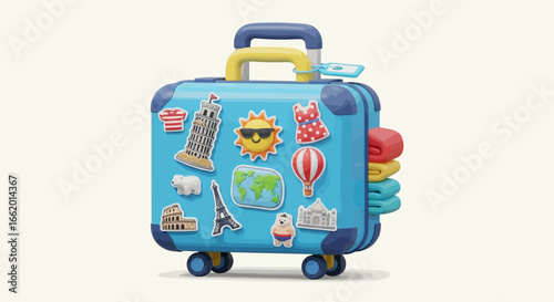 Blue suitcase with travel stickers, ready for vacation and exploring the world.