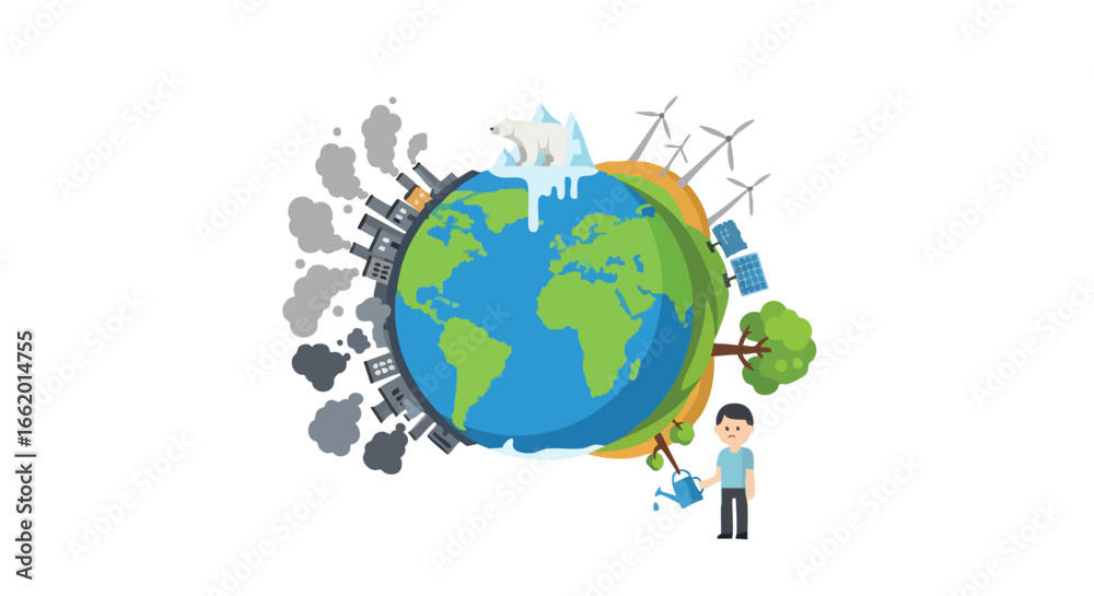 Naklejka premium Balancing Act: Illustrating the Contrasting Impacts on Earth's Health and Sustainability