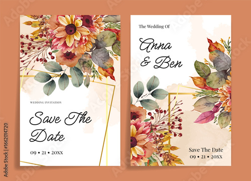 Elegant floral wedding invitation card design with golden frame
