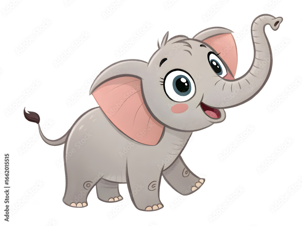 Fototapeta premium Cute cartoon baby elephant with big eyes and trunk raised
