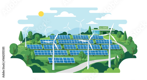 Renewable energy landscape with solar panels and wind turbines powering a sustainable future showcasing a green power facility