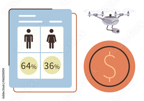 Gender data analysis chart, surveillance drone, and dollar coin. Ideal for statistics, surveillance, finance, gender study, technology data analysis and societal issues. Simple flat metaphor