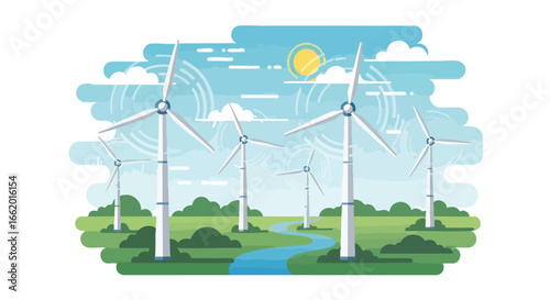 Wind Turbines Amidst a Green Landscape: A Sustainable Energy Source with a Minimalist Style Depiction