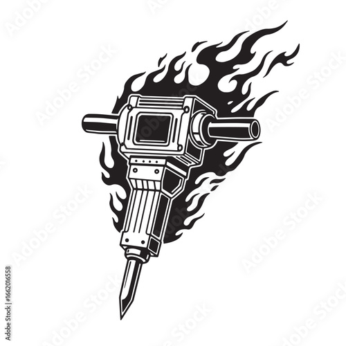 Bold black and white illustration of a jackhammer in flames for construction and design