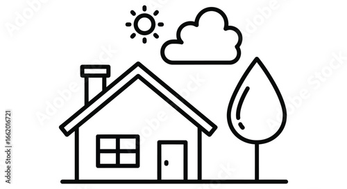 Simple outline drawing of a house with sun cloud and tree representing home and nature vector
