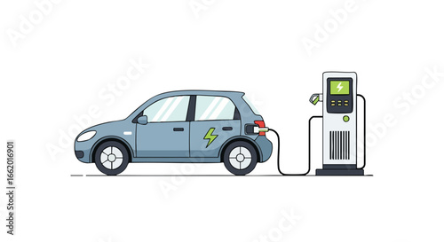 Depiction of charging electric vehicle at station, symbolizing the shift towards sustainable transport and renewable energy solutions