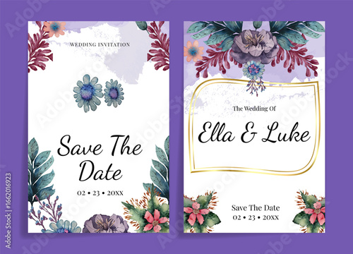 Wedding Invitation Designs set with Watercolor Floral Accents