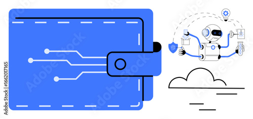 Blue digital wallet with circuit design beside AI robot holding finance, shield, and gear icons. Ideal for fintech, security, AI, digital economy, automation e-commerce futuristic concepts. Simple