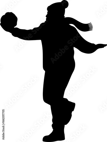black silhouette of a person mid-action tossing a snowball