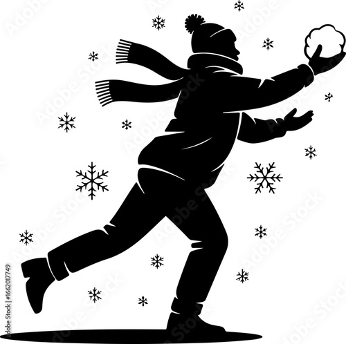black silhouette of a person mid-action tossing a snowball