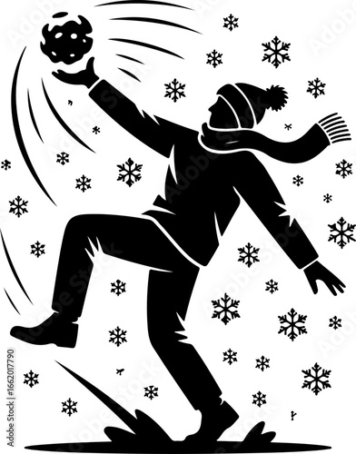black silhouette of a person mid-action tossing a snowball