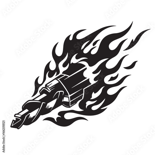 Burning drill bit vector illustration depicting speed power and strength conceptually
