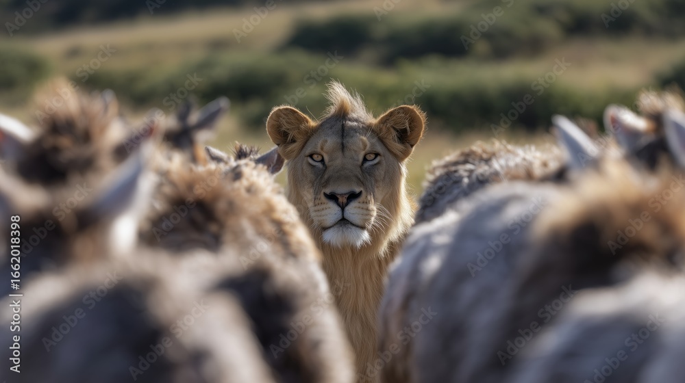 Fototapeta premium Lioness stalking prey in the wild savanna nature photography close-up perspective on wildlife