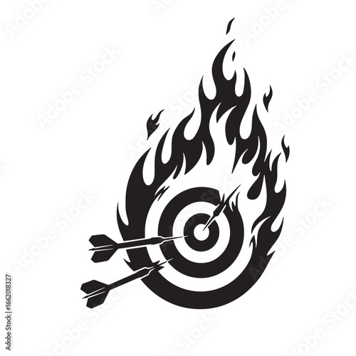 Burning target dartboard illustrating precision accuracy and achieving goals with fire effects