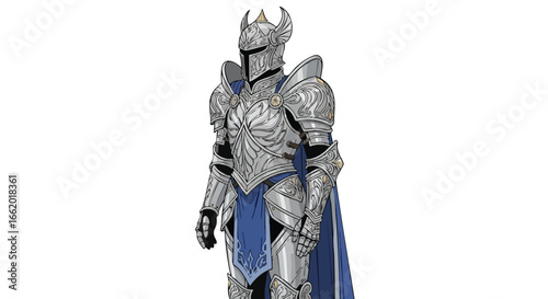 Illustrative rendering of a knightly figure clad in ornate silver armor against a stark white backdrop, showcasing intricate designs and regal bearing