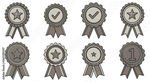 Collection of eight distinctive award ribbons and medals recognizing achievement and excellence vector