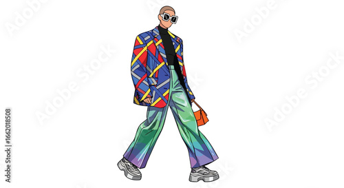 Vividly Clothed Figure Striding Confidently: A Bold Fashion Statement Graphic Depiction Illustrating Individuality and Contemporary Street Style