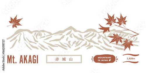 もみじが紅葉する赤城山の山々。紅葉するモミジの背景に赤城山。The mountains of Mount Akagi, covered in autumn maple leaves. Mount Akagi with autumn maple leaves in the background.