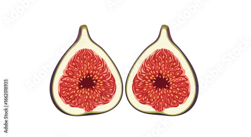 Delicate fig halves showcasing vibrant internal structure against a clean white backdrop, promoting healthy eating and vegetarian cuisine