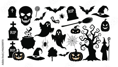 Halloween Silhouettes: A haunting collection of silhouette icons, from grinning pumpkins and playful ghosts to menacing bats, embodying the eerie spirit of Halloween.