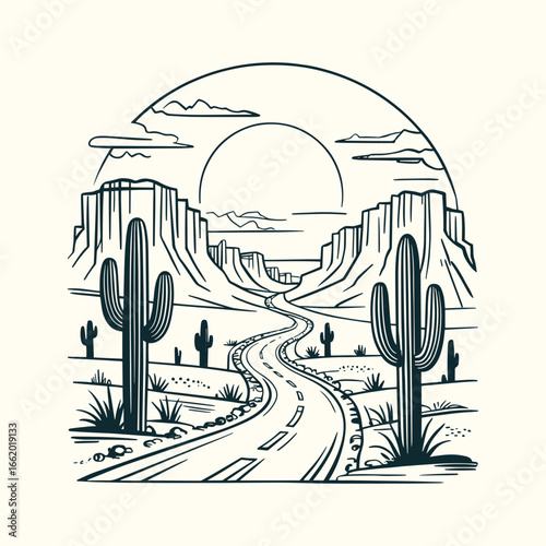 Minimalist Black and White Line Art Desert Scene with Saguaro Cacti, Winding Road, Mesas, Cliffs, Sun, Clean Centered Composition