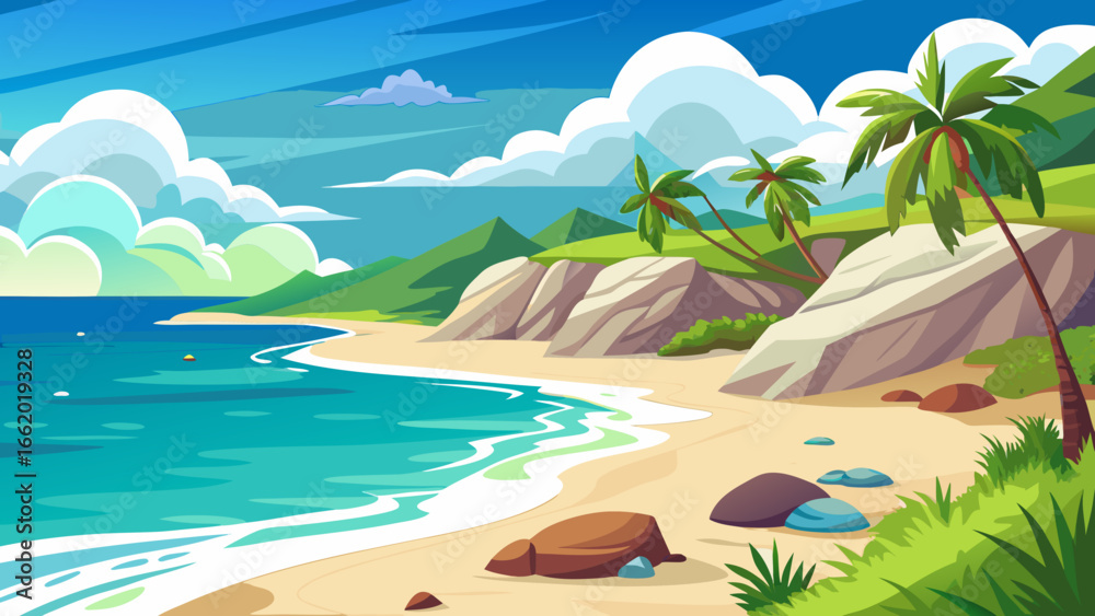 Obraz premium Cartoon seascape with palm trees