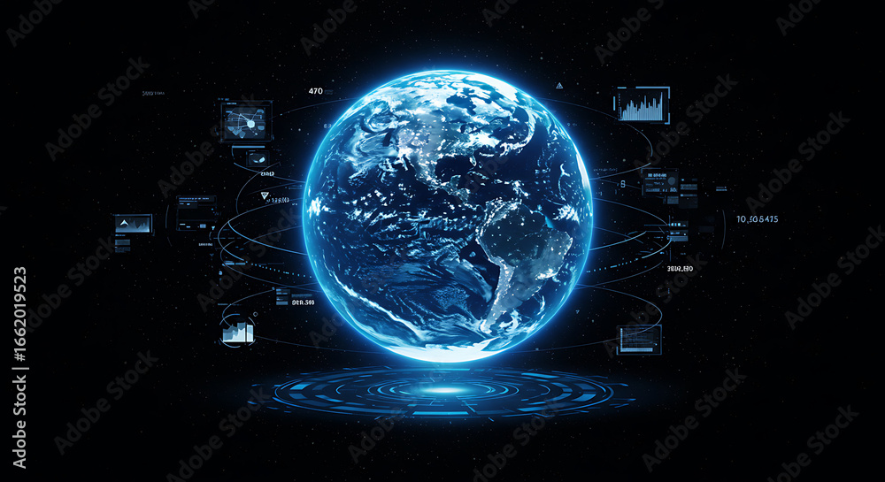 Obraz premium Futuristic representation of earth with digital HUD elements, showcasing technology and global data.