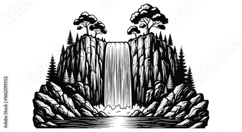 Majestic waterfall cascading down rugged cliffs amidst lush forest trees and reflective water vector