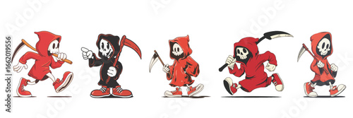 Halloween Grim Reaper cartoon mascot character with expressive faces and gestures