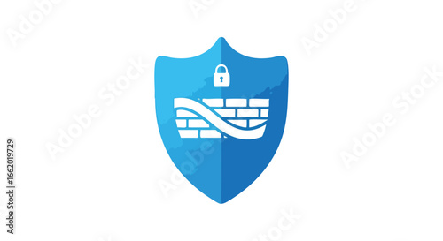 Blue shield with a brick wall and padlock, representing digital security measures and protection against cyber threats and data breaches