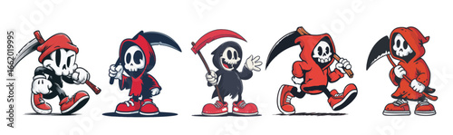 Halloween Grim Reaper cartoon mascot character with expressive faces and gestures