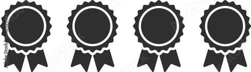 Award ribbon icon set, black vector badges, prize seals collection, achievement symbols, flat design graphics, recognition emblems, success badges.