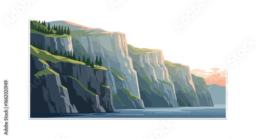 Coastal Cliffs and Azure Waters: A Minimalist Landscape Depicting Towering Cliffs Meeting the Sea at Sunset, Capturing Nature's Grandeur