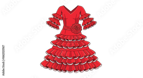 Vibrant red flamenco dress with ruffled layers, capturing the essence of spanish culture and artistic expression for elegant fashion projects
