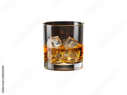 Glass of whiskey with ice cubes and amber liquid in crystal clear glass on wooden table, premium drink high quality photography png file isolated on transparent background