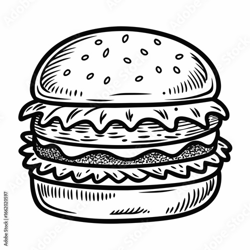 Juicy, delicious, and perfectly stacked hamburger illustration, capturing the essence of classic comfort food for menus, advertising, and culinary designs.