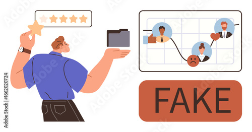 Person analyzing rating system with folder and graph of reviews, addressing fake ratings. Ideal for reviews, credibility, fraud, trust, quality control, reputation ethical business. Simple flat