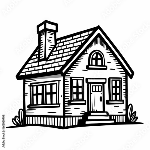Charming hand-drawn black and white illustration of a cozy suburban house with a prominent chimney and inviting arched window, perfect for real estate or home decor concepts.