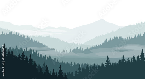Layered mountain landscape with dense pine forests, subtle gradients creating depth and serene misty atmosphere in muted tones