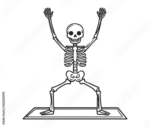 Simple vector clip art of a skeleton doing yoga.