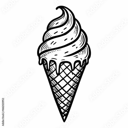 Indulge in a classic, hand-drawn ice cream cone, perfect for summer treats, dessert menus, and playful designs, capturing sweet nostalgia and delicious joy in every swirl.