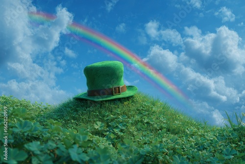 Leprechaun hat on hill w/ rainbow. Saint Patrick's Day luck. Promo art or background