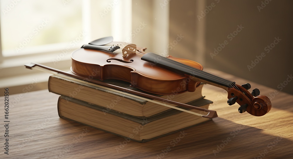 Fototapeta premium Wooden Violin Resting on Books with Bow and Sheet Music in Warm Sunlight
