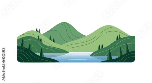 Scenic Flat Landscape with Verdant Rolling Hills and Tranquil Lake Scenery Depicted in Minimalist Style