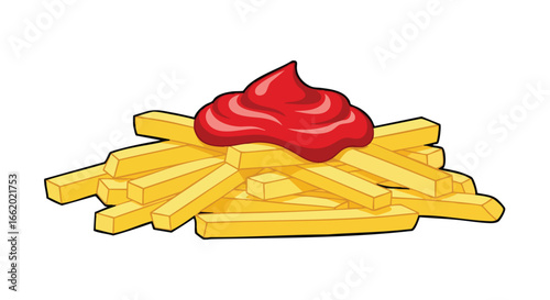 Golden french fries with vibrant red ketchup, appetizing fast food delight against a clean white backdrop offering tempting culinary visual delight