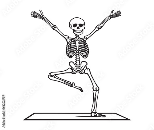 Simple vector clip art of a skeleton doing yoga.