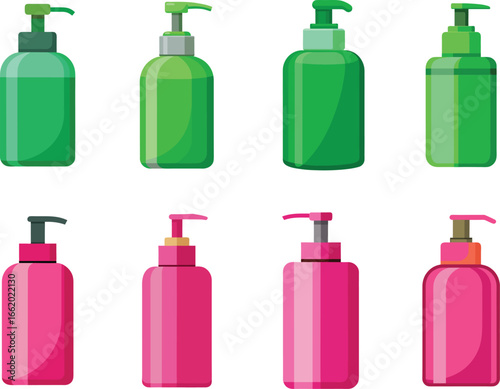 Colorful assortment of pump dispenser bottles for cosmetic and cleaning product applications